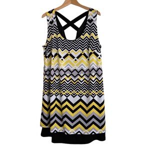 Notations Sundress 2X Sleeveless Criss-Cross Straps Black White Yellow Geometric